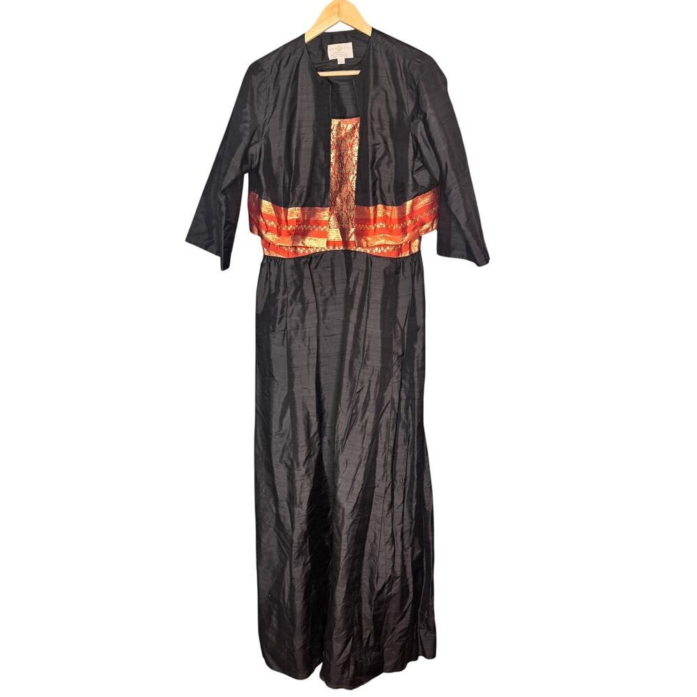 Vintage Dynasty 100% Silk Dress Jacket Set Womens 12 Black Gold Brocade Formal